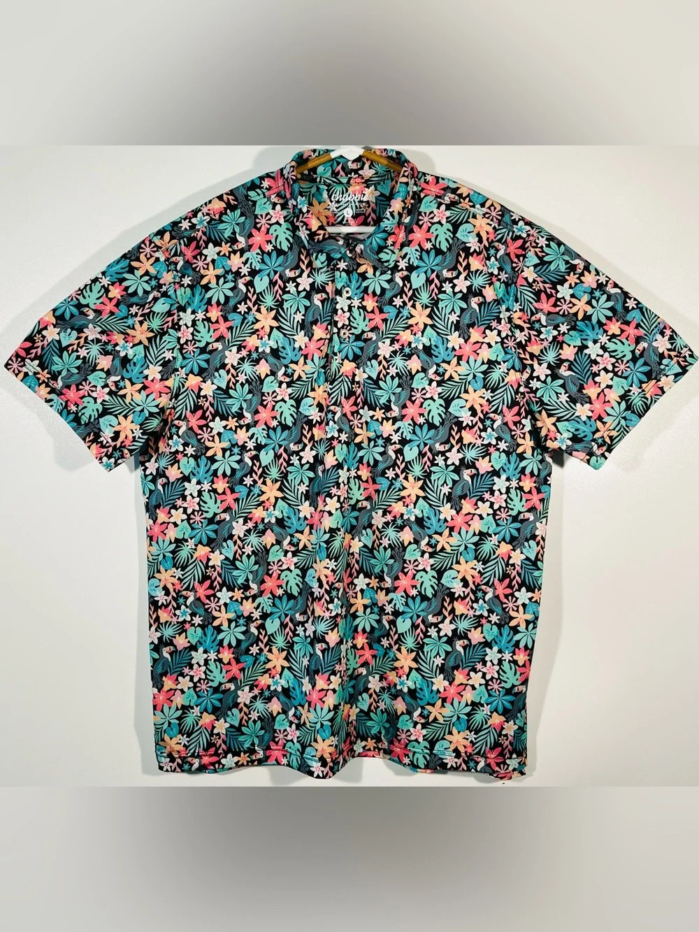 Chubbies Performance Polo Mens The Bloomerang Floral Toucan Tropical Hawaiian L